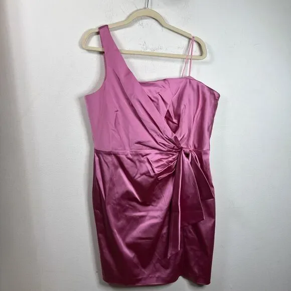 (R7) LAUREN Ralph Lauren Satin One-Shoulder Cocktail Dress in Pink Size 16 - Picture 2 of 16
